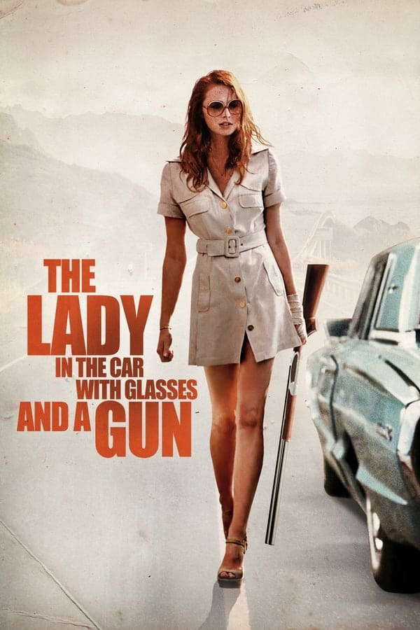постер Дама в очках и с ружьем в автомобиле